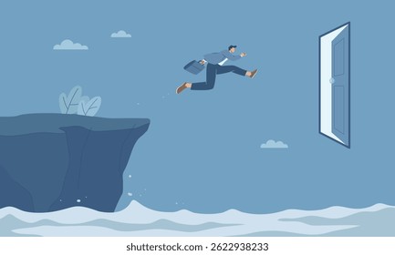 Overcoming obstacles and finding success, Businessman jumps over the cliff to the gate of success, Facing obstacles and failure, Achieving goals, Flat vector design illustration.
