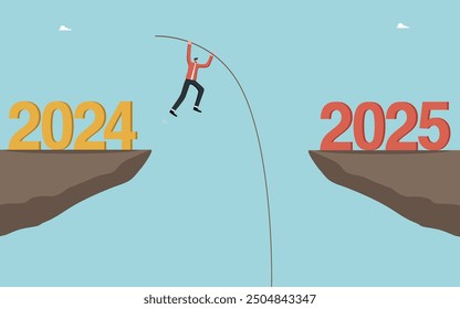 Overcoming obstacles for great success in achieving goals in the coming year, intelligence or motivation for high results in 2025, hard work for career growth, man using pole jumps over cliff by 2025.