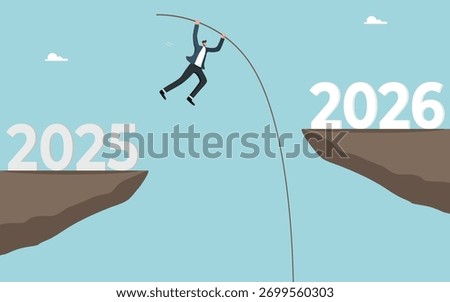 Overcoming obstacles for great success in achieving goals in the coming year, intelligence or motivation for high results in 2026, hard work for career growth, man using pole jumps over cliff by 2026.