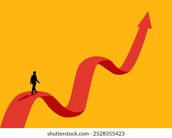 Overcoming obstacles to grow. Businessman on volatility graph