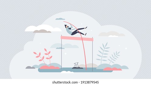 Overcoming obstacles or jump over life difficulties tiny person concept. Pole vault female as progress over challenges and perseverance vector illustration. Move forward despite barriers or boundaries