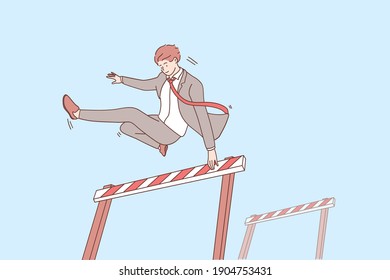 Overcoming obstacles and leadership concept. Young confident smiling businessman cartoon character jumping over obstacle meaning gaining goals and good motivation vector illustration