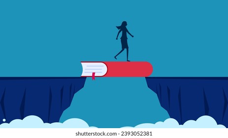 Overcoming obstacles in learning. woman crossing the book bridge 