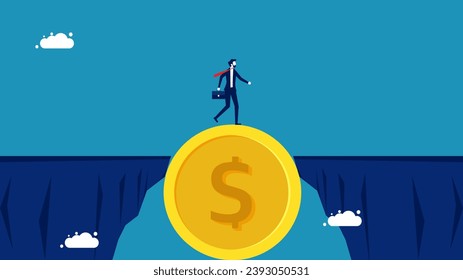 Overcoming obstacles with money. Businessman crossing coin bridge 