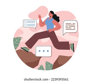 Overcoming obstacles on way to success. Young female entrepreneur or motivated leader jumps over gorge or cliff and runs forward. Character achieves business goals. Cartoon flat vector illustration