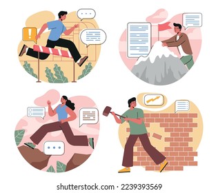 Overcoming obstacles on way to success. Men and women entrepreneurs or ambitious employees break down walls, climb peaks and jump over barriers. Achievements of goals. Cartoon flat vector set