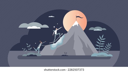 Overcoming obstacles and personal growth to reach top tiny person concept. Challenge effort and determination for success and leader ambition vector illustration. Leadership support for progress.