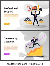 Overcoming obstacles and professional support web pages vector. Business career building, businessman with books and laptop or briefcase, growth graphic