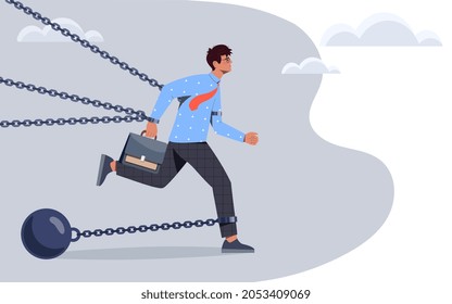 Superar los obstáculos para tener éxito en los negocios. El hombre avanza a pesar de los problemas. Carácter ascendiendo por la escalera de la carrera. Las cadenas mantienen al empleado. Dibujo vectorial plano de dibujos animados aislado en fondo blanco