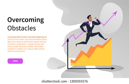 Overcoming obstacles vector, businessman running up chart. Website with man on infographic, successful entrepreneur, increasing scale growing high