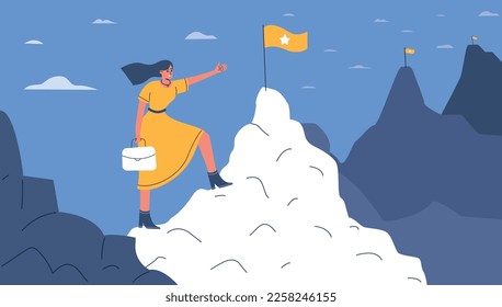 Overcoming obstacles. Woman conquers top. Businessman striving for success. Female climbing mountain. Employee achieving goal. Challenge winner. Rock peaks with flags