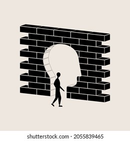 Overcoming Own Doubts, Possibilities Or Skills. Ways To Overcome Barriers. Vector Illustration Of Man Passing Through His Own Head As Wall