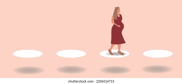 overcoming pits across bridge by pregnant woman, flat vector stock illustration, concept of social guarantees for single mothers on maternity leave