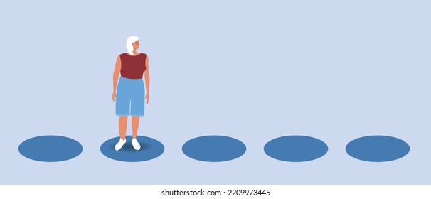 overcoming pits across bridge by elderly woman, flat vector stock illustration, concept of social guarantees for pensioners