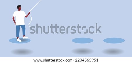 overcoming pits over bridge by African man, flat vector stock illustration, concept of social guarantees