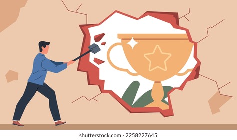 Overcoming problems destroy wall. Businessman smashes an obstacle with hammer, path to success, striving for goal, career growth and achievement of target, nowaday vector cartoon concept