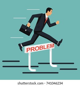 Overcoming problems. Solution challenge. Businessman in suit with briefcase confidently jump over barrier. Hurdle on way. Vector illustration flat design. Isolated on background. Achieving goal.