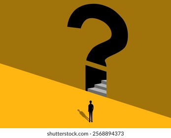 Overcoming problems, Uncertainty. Businessman on the stairs in question mark on the wall