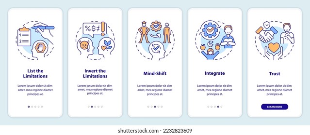 Overcoming self imposed limitations tips onboarding mobile app screen. Walkthrough 5 steps editable graphic instructions with linear concepts. UI, UX, GUI template. Myriad Pro-Bold, Regular fonts used