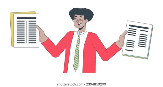 Overcommitted hispanic business man 2D linear cartoon character. Holding paperwork office worker latin american isolated line vector person white background. Stressed color flat spot illustration