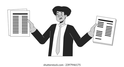 Un hombre de negocios hispano de alto nivel, negro y blanco, personaje de caricatura en 2D. Trabajador de papeleo latinoamericano aislado de delineación vectorial persona. Ilustración plana monocromática estresada