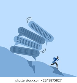 Overcommunication concept, frustrated businessman running away from pile of collapsing online speech bubbles, too many messages or spam, inefficient discussion or meeting concept.
