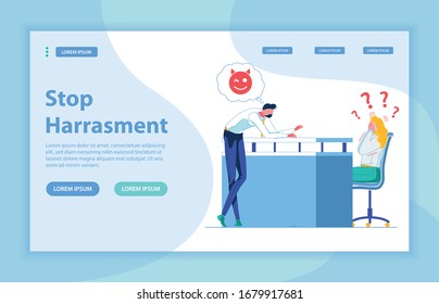 Overconfident Young Brunet Making Inappropriate Sexual Comments And Jokes. Young Lady At Reception Desk Shocked With Colleagues Behavior. Stop Workplace Harassment. Landing Page With Copy Space.