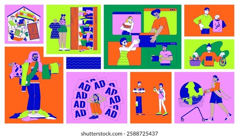 Overconsumption bento grid illustration set. Buying excessive goods 2D vector image collage design graphics collection. Multiethnic people addicted of consumerism flat characters moodboard layout