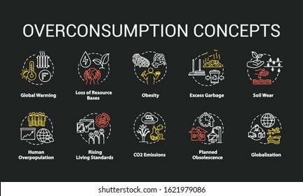 Overconsumption chalk RGB color concept icons set. Global warming. Ecological and environmental damage. Consumerism idea. Vector isolated chalkboard illustrations on black background