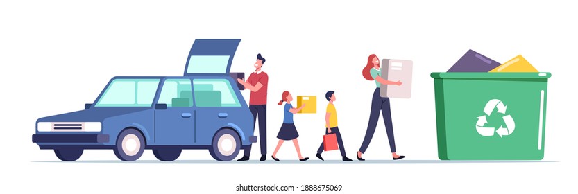 Overconsumption Concept. Family Male and Female Characters with Children Loading Goods from Car to Litter Bin Full of Useless Things. People Throw Garbage for Recycling. Cartoon Vector Illustration