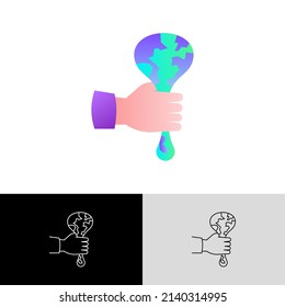 Overconsumption. Human hand squeezing planet. Gradient flat icon. Climate change, overpopulation, globalization, industrial damage. Vector illustration.