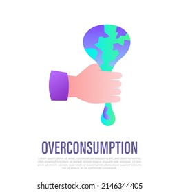 Sobreconsumo. El planeta humano que exprime la mano. Icono plano de degradado. Cambio climático, sobrepoblación, globalización, daño industrial. Ilustración vectorial.