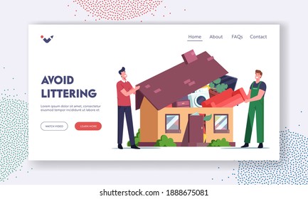 Overconsumption Landing Page Template. Male Characters Customer and Loader Loading Goods to Home Full of Useless Things. Reducing Consumption Society Problem. Cartoon People Vector Illustration