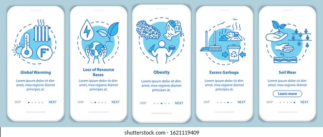 Overconsumption onboarding mobile app page screen with concepts. Global warming, soil wear. Consumerism walkthrough 5 steps graphic instructions. UI vector template with RGB color illustrations
