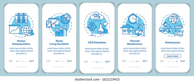 Overconsumption onboarding mobile app page screen with concepts. Globalization, overpopulation. Consumerism walkthrough 5 steps graphic instructions. UI vector template with RGB color illustrations