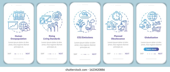 Overconsumption onboarding mobile app page screen with concepts. Globalization, overpopulation. Consumerism walkthrough 5 steps graphic instructions. UI vector template with RGB color illustrations