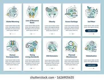Overconsumption onboarding mobile app page screen with concepts. Environmental damage. Consumerism walkthrough 5 steps graphic instructions. UI vector template with RGB color illustrations