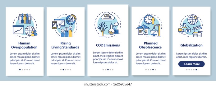 Overconsumption onboarding mobile app page screen with concepts. Globalization, overpopulation. Consumerism walkthrough 5 steps graphic instructions. UI vector template with RGB color illustrations