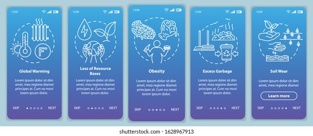 Overconsumption onboarding mobile app page screen with concepts. Global warming, soil wear. Consumerism walkthrough 5 steps graphic instructions. UI vector template with RGB color illustrations