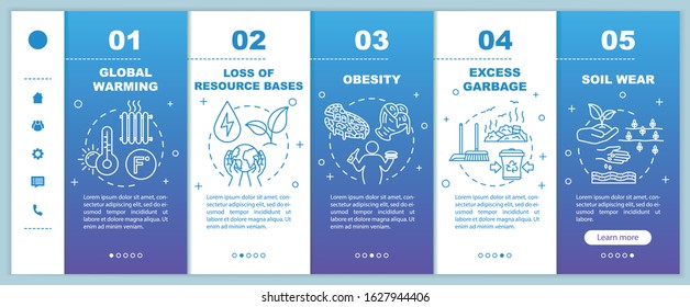 Overconsumption onboarding vector template. Global warming, soil wear. Consumerism and consumption. Responsive mobile website with icons. Webpage walkthrough step screens. RGB color concept