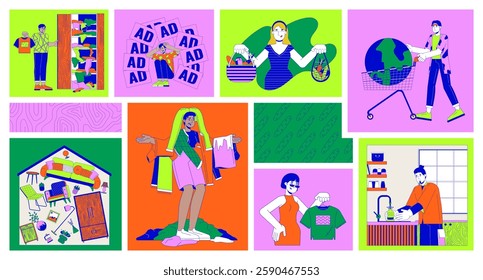 Overconsumption problem bento grid illustration set. Using and buying goods 2D vector image collage design graphics collection. People with excessive items flat characters moodboard layout