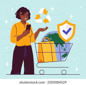 Concepto de problema de consumo excesivo. Mujer con el smartphone cerca de la carretilla y del globo. Productos reciclados. Cuidar la naturaleza y el medio ambiente. Ilustración vectorial plana aislada sobre fondo azul