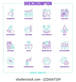 Overconsumption thin line icons set. Plastic pollution, population growth, obesity, global warming, excess garbage, planned obsolescene, CO2 emission, reduce, reuse, recycle. Vector illustration.