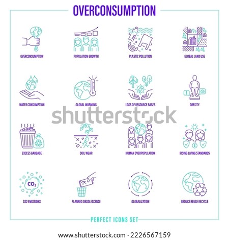 Overconsumption thin line icons set. Plastic pollution, population growth, obesity, global warming, excess garbage, planned obsolescene, CO2 emission, reduce, reuse, recycle. Vector illustration.