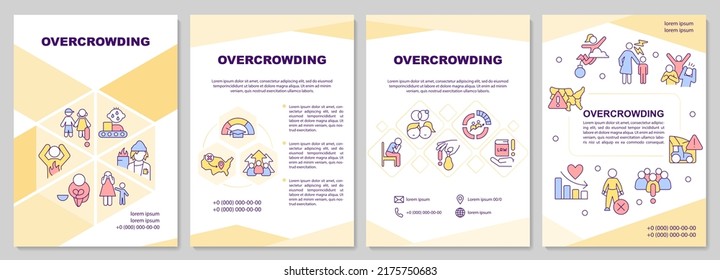 Plantilla de folleto amarilla sobre el hacinamiento. La cuestión del crecimiento demográfico. Diseño del prospecto con iconos lineales. Editable 4 diseños vectoriales para presentación, informes anuales. Arial-Black, Myriad Pro-Regular fuentes utilizadas