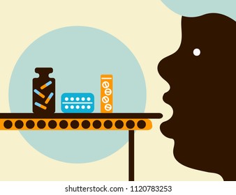 Overdose, conveyor of drugs, man taking pills. Vector illustrtion