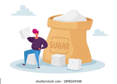 Overdose Glucose Eating Problem, Sugar Addiction Concept. Tiny Fat Male Character Sitting at Huge Sugar Sack with Sugar Cubes, Man Addict of Excessive Sweet Junk Food. Cartoon Vector Illustration