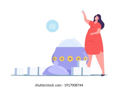 Overdose Glucose Eating Problem, Sugar Consumption, Addiction Concept. Tiny Fat Female Character at Huge Sugar Bowl with Cubes, Woman Addict of Excessive Sweet Junk Food. Cartoon Vector Illustration