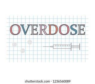 overdose word on checkered paper sheet- vector illustration