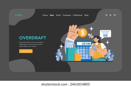 Overdraft night or dark mode web or landing page. Illustrating the realities of account management and the potential for insufficient funds. Financial awareness and spending oversight in focus.